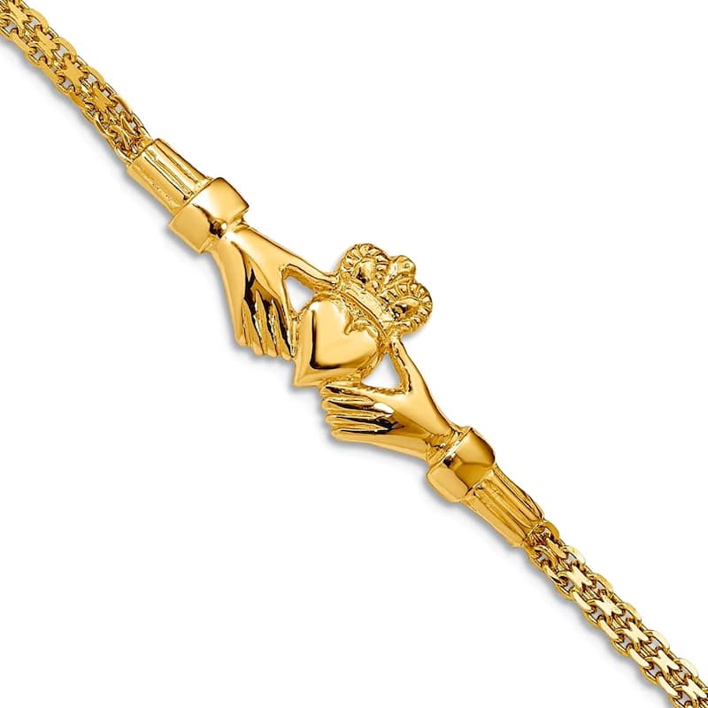 Curata 14k Yellow Gold 7" Irish Claddagh Crown Bismark Chain Bracelet