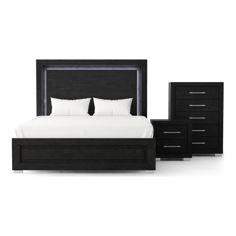 Furniture of America Alaric Modern 3-Piece Black Wood Panel Bedroom Set with LED Headboard