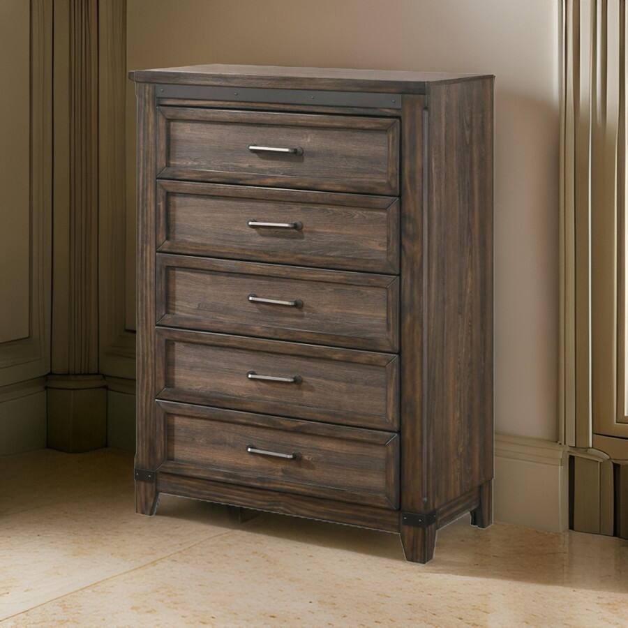 Sea 48 Inch Tall Dresser Chest, 5 Drawers, Long Metal Handles, Brown