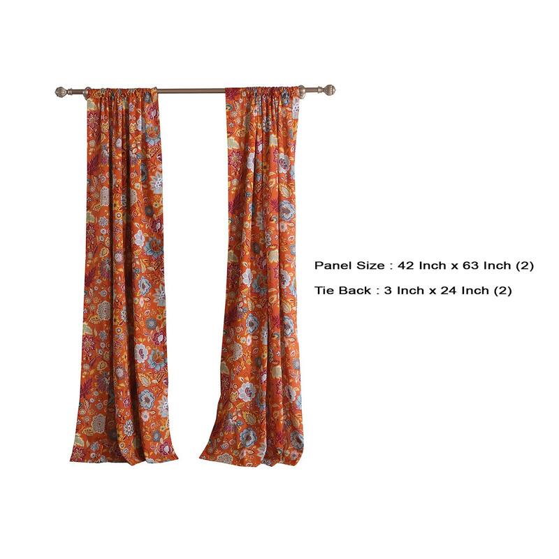 Paris 4 Piece Floral Print Fabric 2 Curtain Panel with Ties, Orange