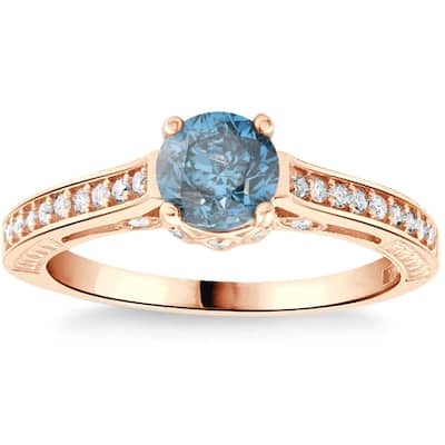 1 1/4Ct Blue Diamond Vintage Engagement Ring Rose Gold
