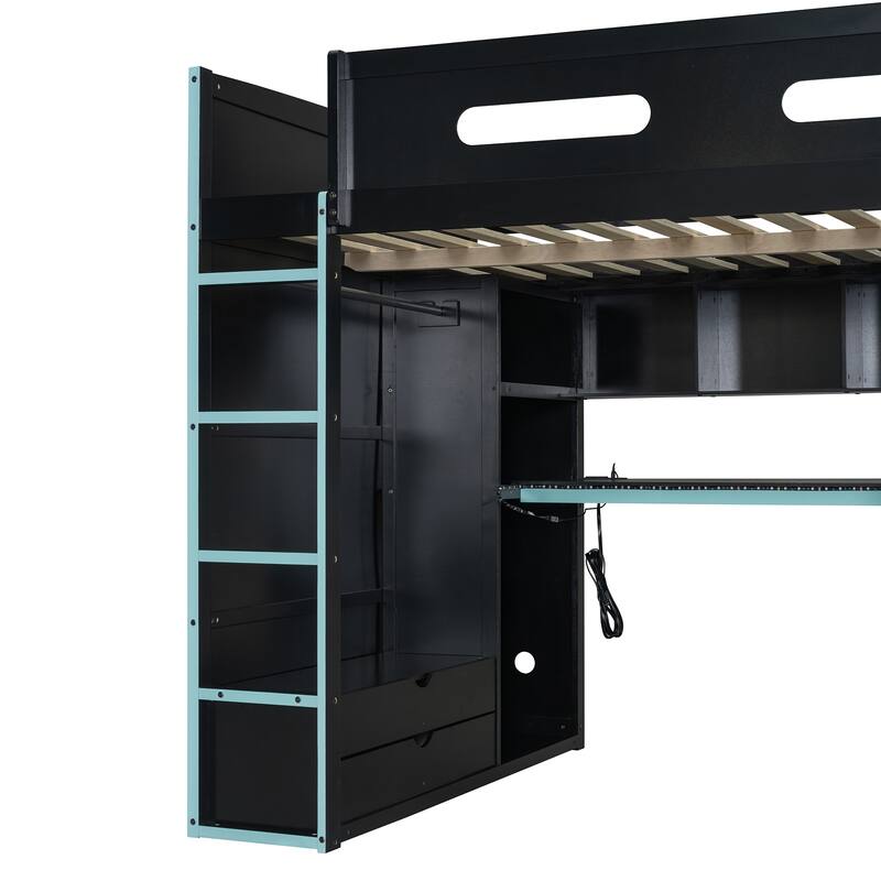 Full Size Wood Loft Bed with Desk, Wardrobe, Ample Storage Space, and RGB Light