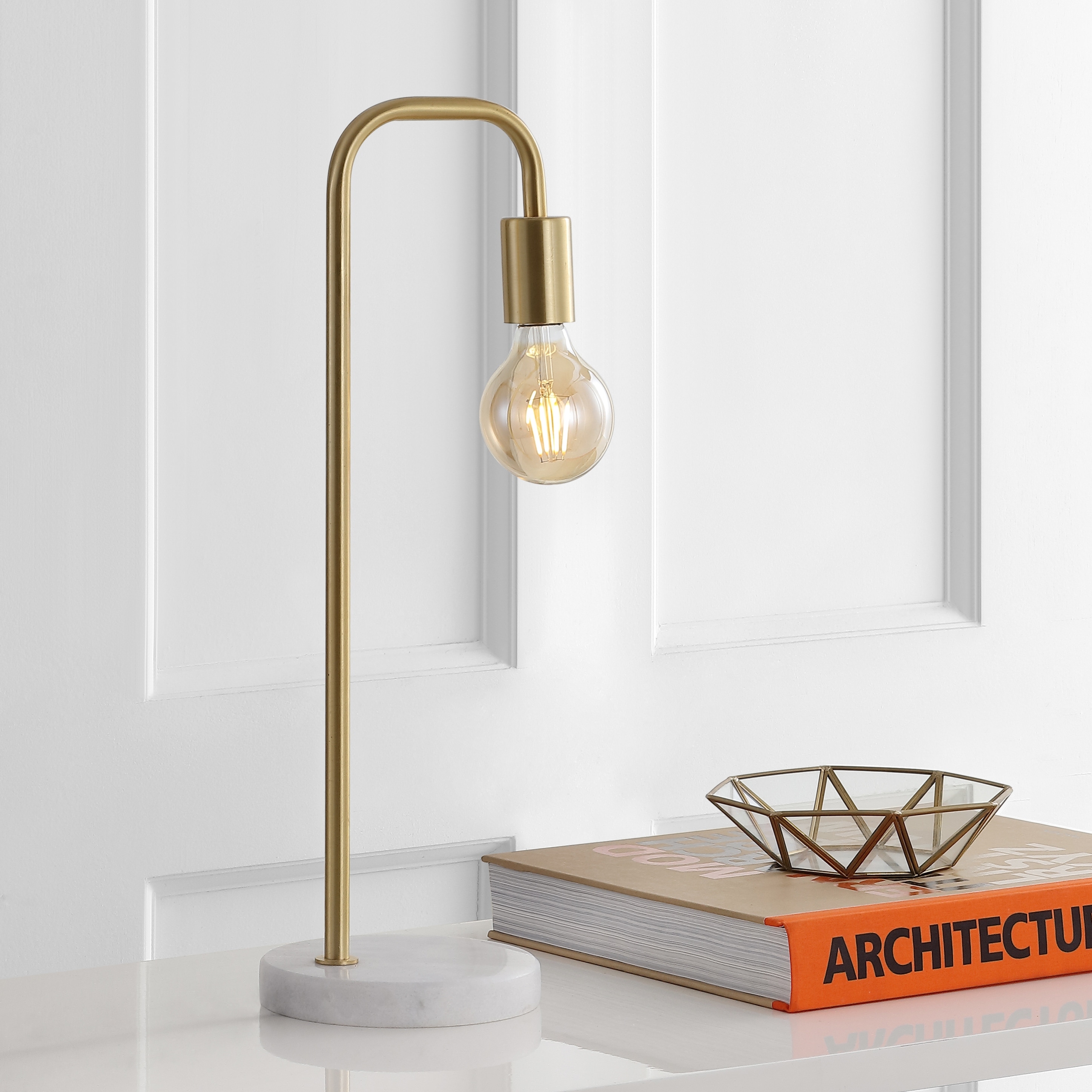 JONATHAN Y Vega 20.5" Minimalist Glam Gold Pipe Metal/Marble LED Table Lamp, Brass Gold