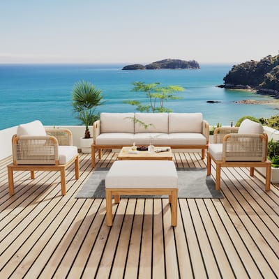 5 Pcs Outdoor Rope Weave Sofa Set, All-Weather Conversation Furniture Set with Acacia Wood Table, 2 Armchairs and Ottoman
