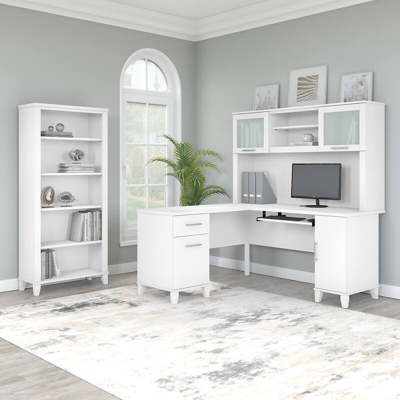 Somerset 60W L Shaped Desk with Hutch and 5 Shelf Bookcase in Ash Gray - White