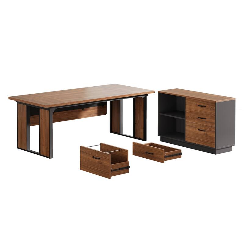 63-Inch L-Shaped Executive Desk with 47-Inch File Cabinet, Brown and Black