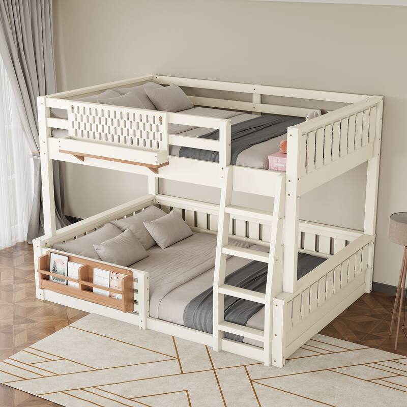 Roomfitters Bunk Bed with Bookshelf and Pegboard, Solid Wood Split Frame - Beige - Full
