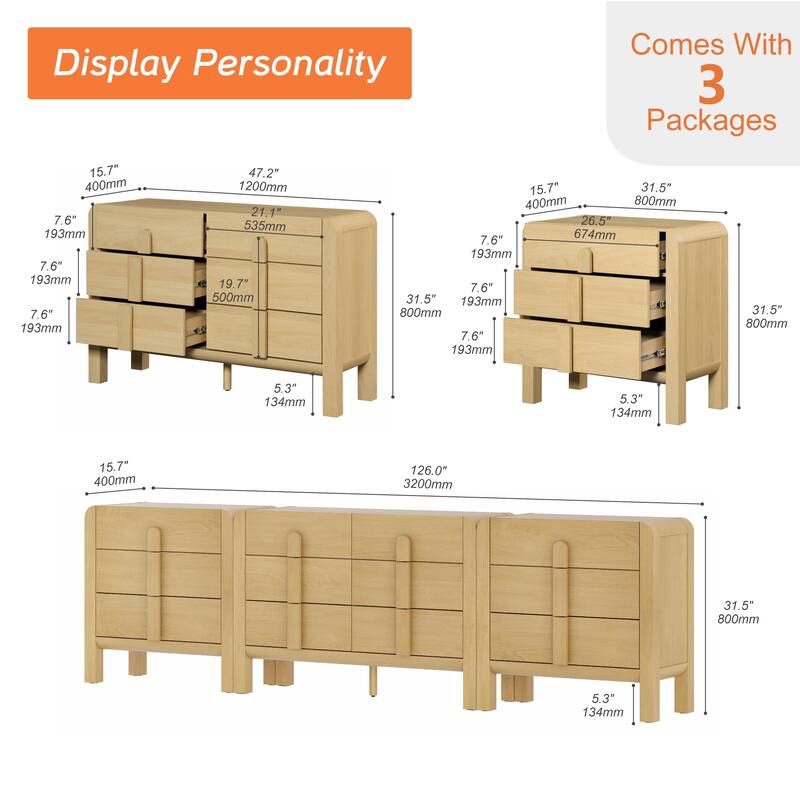 WAMPAT 3-Piece Dresser Set For Bedroom, 110.2" Large Mid Century Dresser For Closet, Curved Profile Wooden Chest Of Drawers