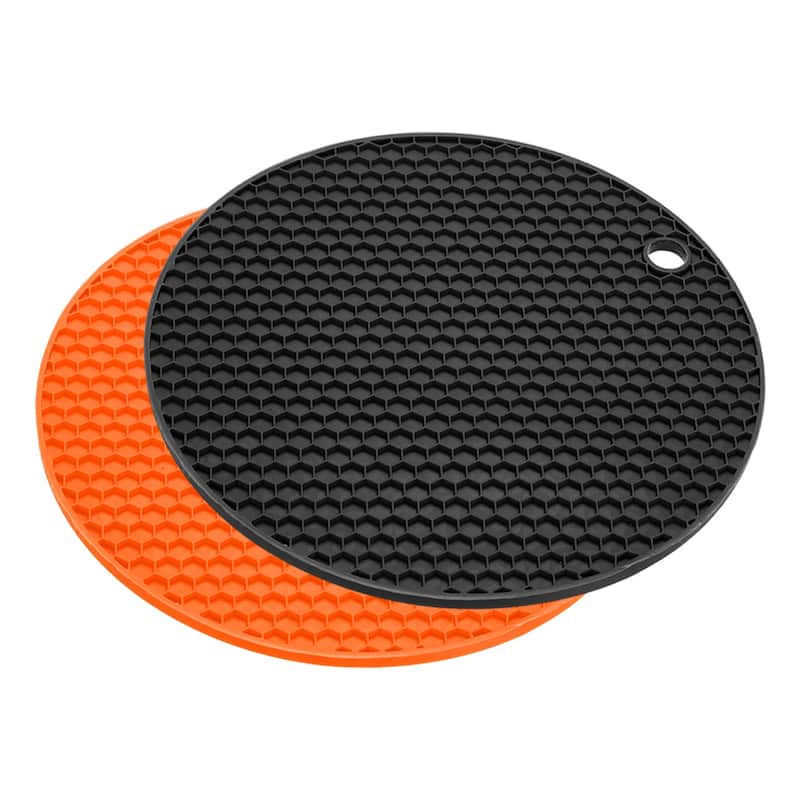 Silicone Trivet Mats 2pcs, Round Pan Pads Honeycomb Drying Mat - Orange, Black - Orange, Black