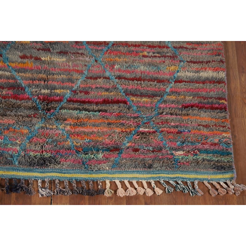 Striped Trellis Moroccan Area Rug Handmade Wool Carpet - 5'8" x 9'9"