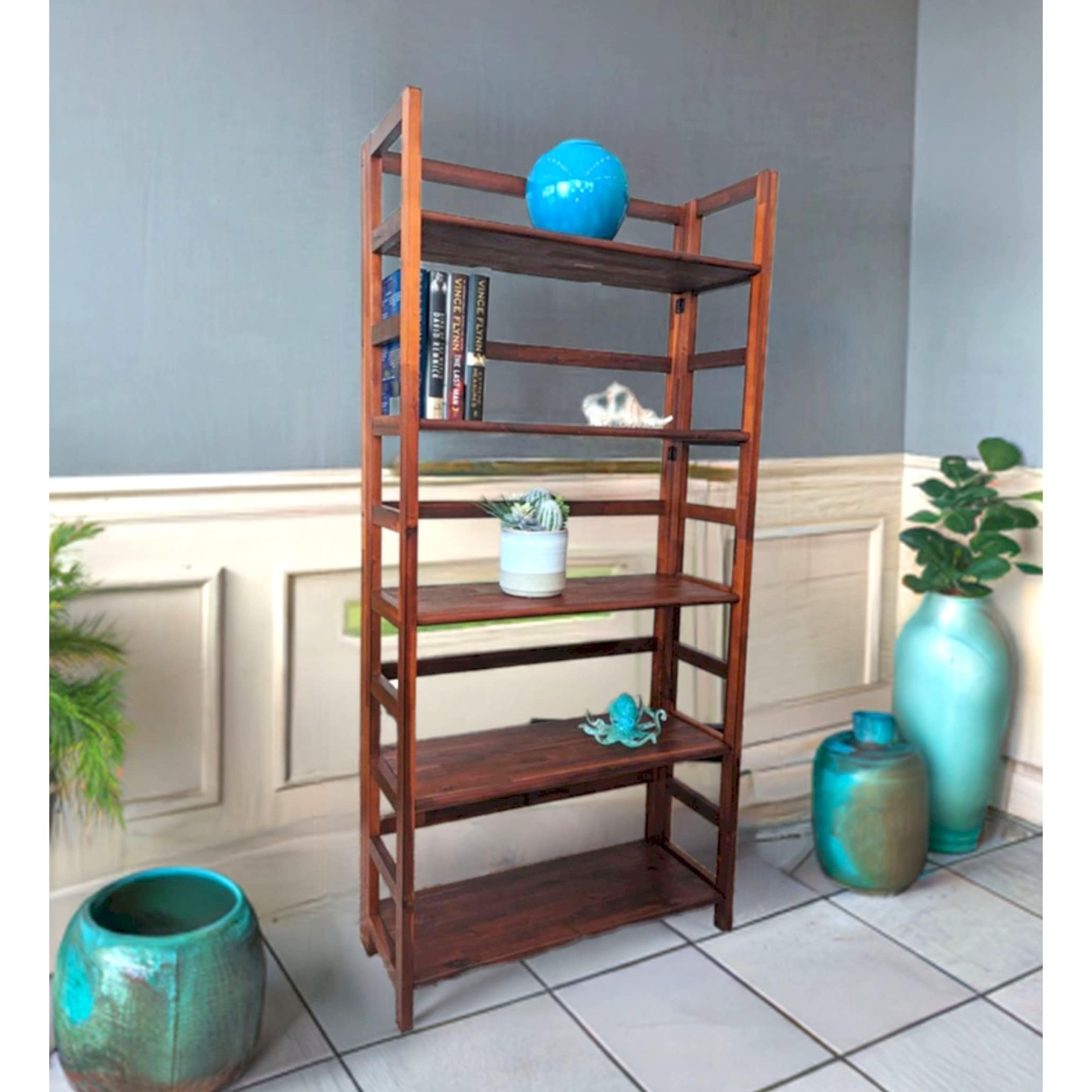 Solid Acacia 5 Tier Folding Bookcase