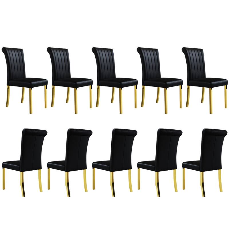 Luxury PU Leather Parsons Dining Chairs Side Chairs with Rolled Back and Stainless Steel Legs - Black and Gold - Set of 10