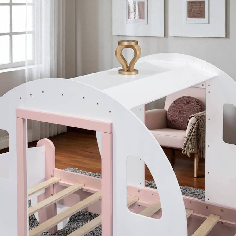 Twin Size Princess Carriage Bed with Crown and Stairs, Kids Wooden Platform Bed Frame with Slats and Fairy Tale Design