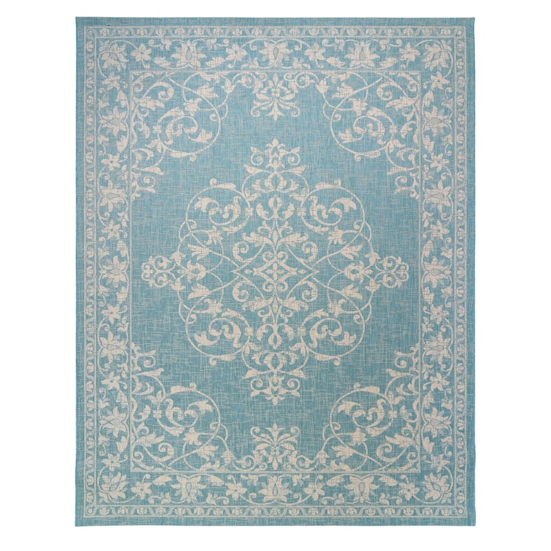Gertmenian Paseo Ryoan Oasis Aqua/Ivory Traditional Medallion Flatweave Indoor/ Outdoor Area Rug
