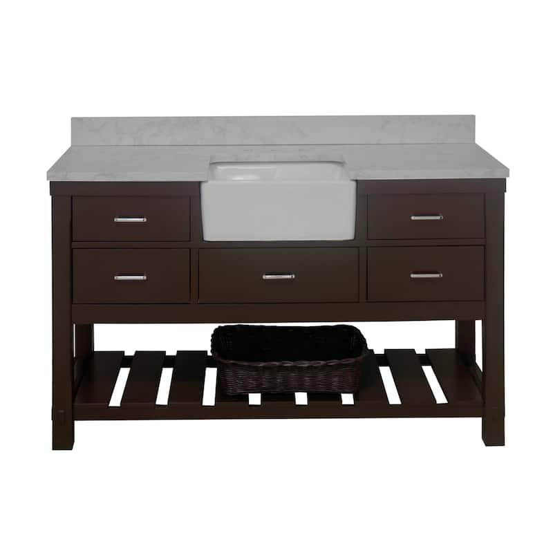 KitchenBathCollection Charlotte 60" Single Farmhouse Bathroom Vanity with Engineered Carrara Top