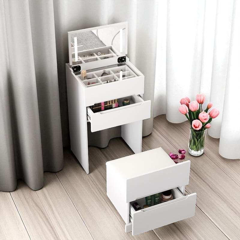 3 in 1 Vanity Desk with Flip Top Mirror, Glass Desktop, 3 Drawers and Cushioned Stool for Small Spaces