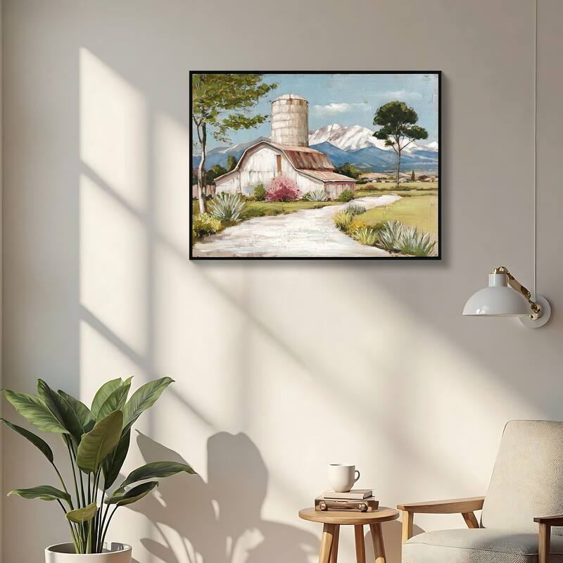 Anmytek Framed Rustic Farmhouse Canvas Wall Art Wildflower Barn Print 32x24in