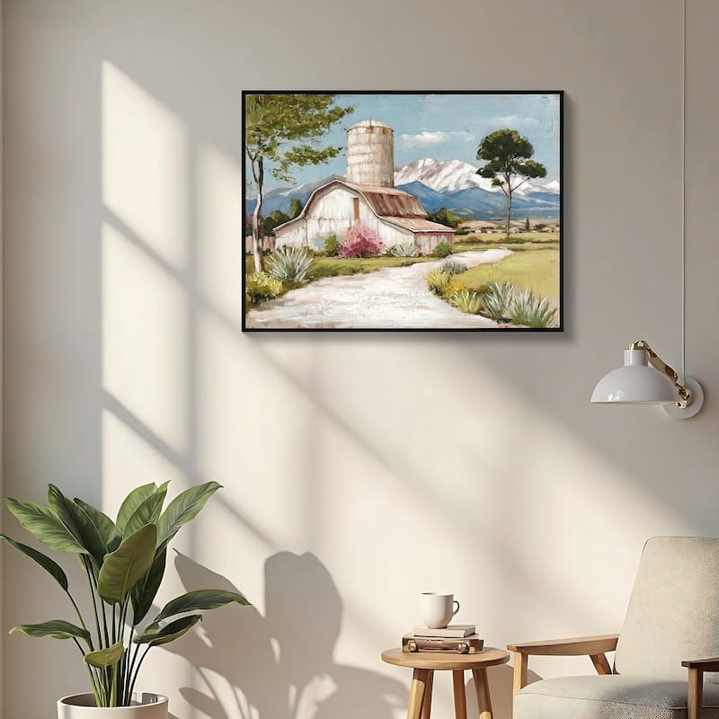 Framed Rustic Farmhouse Canvas Wall Art. Beautiful Field Painting Wildflower Barn Print Nature Scenery Picture