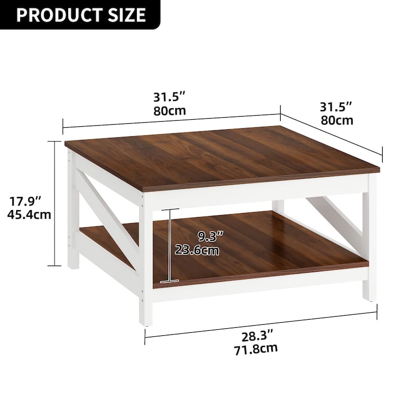 Moasis Farmhouse Coffee Table with Shelf, 2-Tier Center Table for Living Room