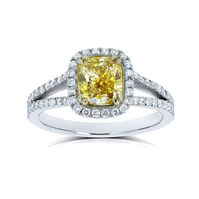 Kobelli 1.62 Carat Fancy Vivid Yellow Diamond GIA Certified 18k Solid Gold Cushion Halo Split Shank Judith Ring