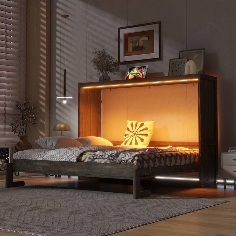 GDFStudio - Modern Wooden Murphy Bed Cabinet with LED Light and Desk