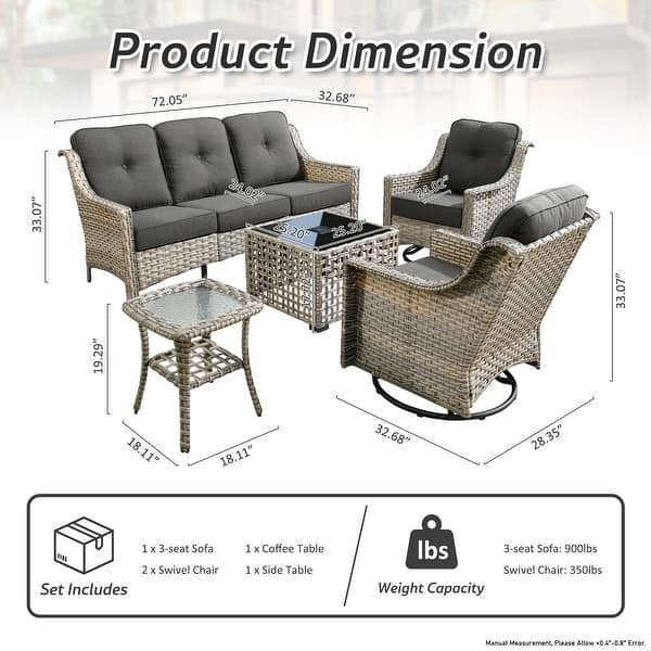 dimension image slide 7 of 8, OVIOS 5-Piece Outdoor Wicker Swivel Chair Set With Solar-Powered Table