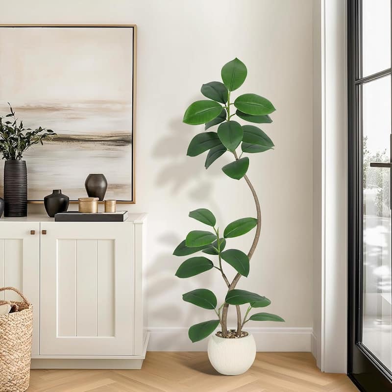 Artificial Plant Faux Fiddle Leaf Fig Tree with Off White Sphere Resin Planter