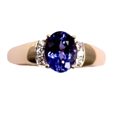 14K Yellow Gold 9x7mm Oval Tanzanite, Diamond Solitaire Ring