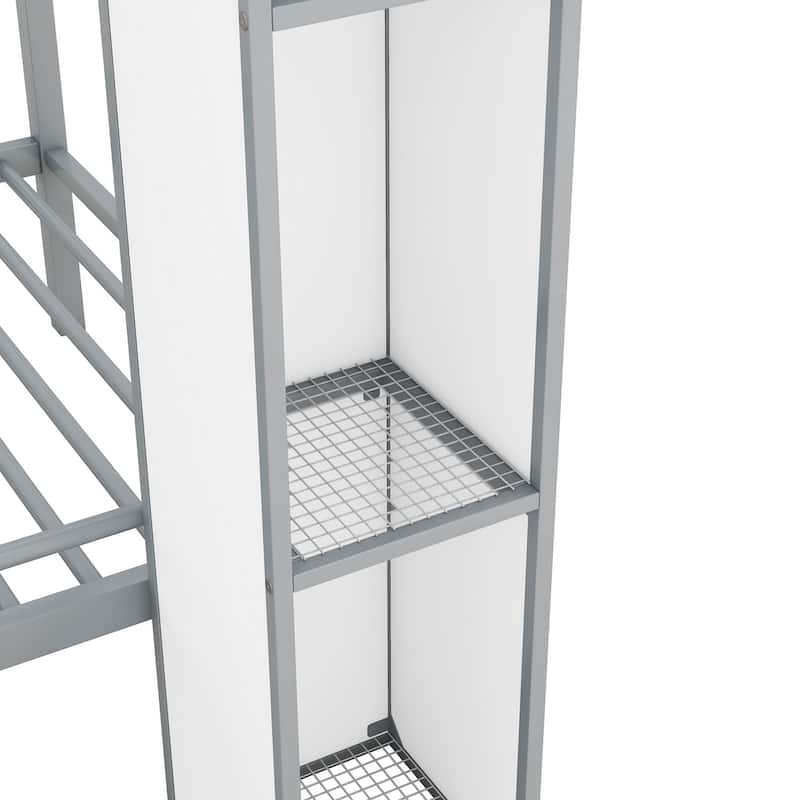 Twin Over Twin Size Bunk Bed w/Storage Shelves,Wardrobe,Metal Bedframe