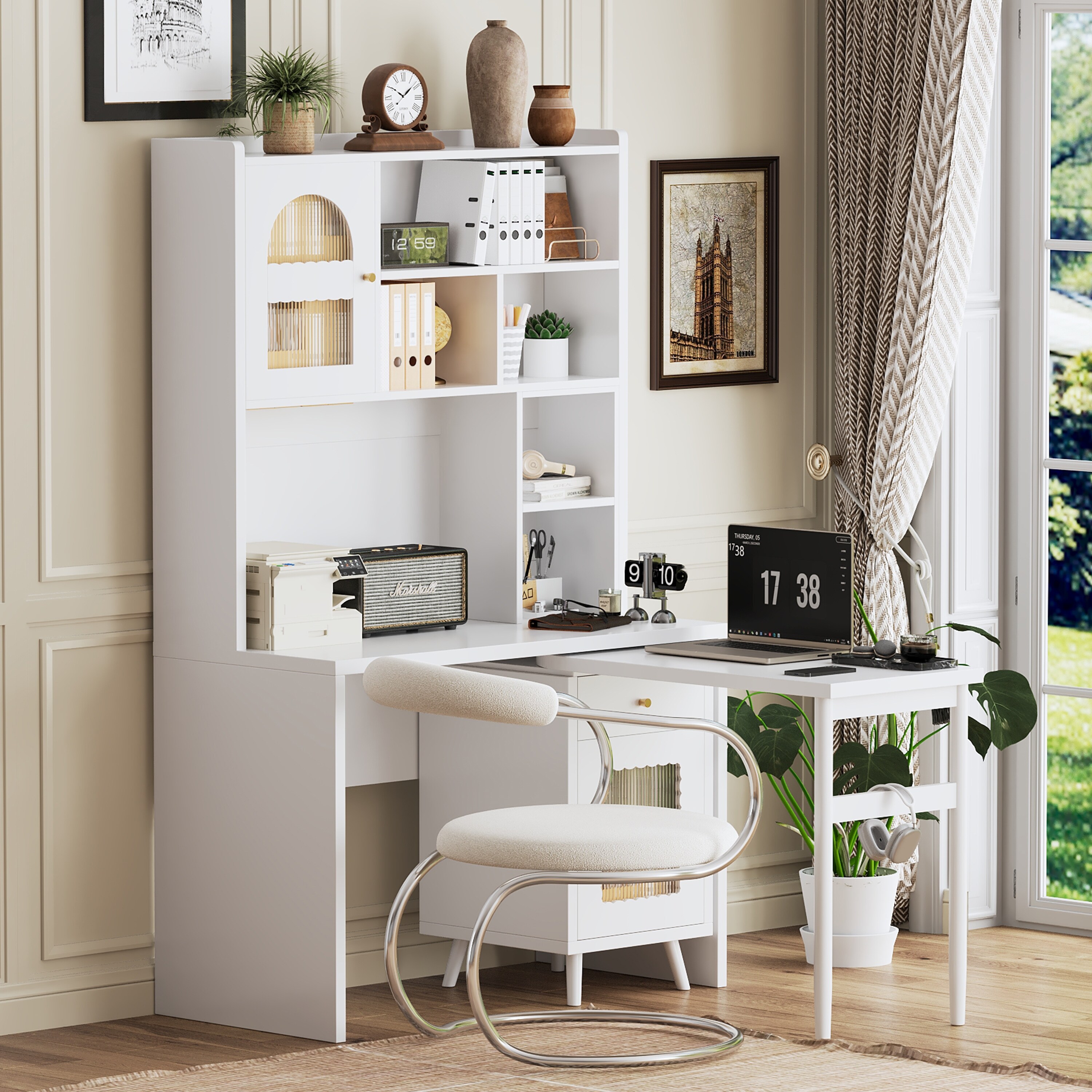 テーブル・机 kaho Computer Desk with 90 Rotating Side Table, Storage Drawer