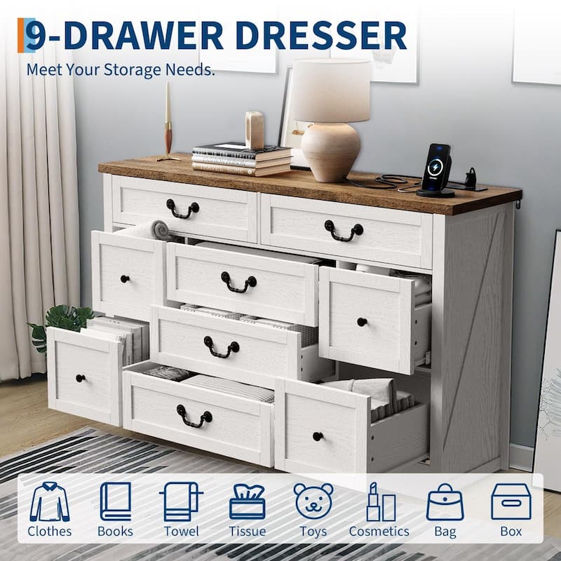 Farmhouse 9 Drawers Dresser for Bedroom