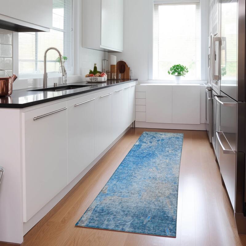 Machine Washable Indoor/ Outdoor Abstract Solid Chantille Rug - Blue - 2'3" x 7'6"
