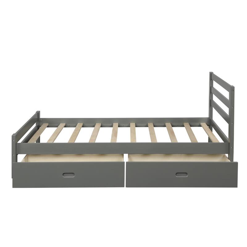 Solid Wood Twin Bed Frame, Wood Platform Bed with Two Drawers & Storage