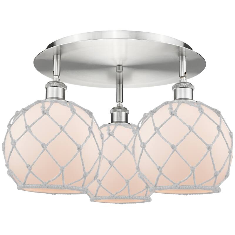 Innovations Lighting Endless Possibilities Ballston - Farmhouse Rope - 3 Light 20" Flush Mount - White Glass with White Rope/Satin Nickel