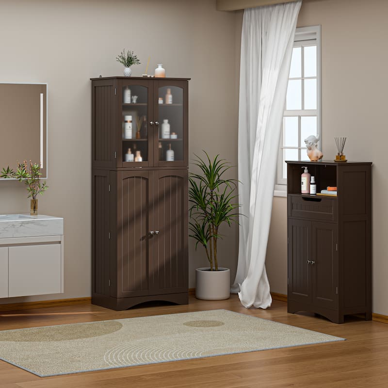 64" Kitchen Pantry Cabinet, Tall Storage Cabinet with Glass Doors and Adjustable Shelves
