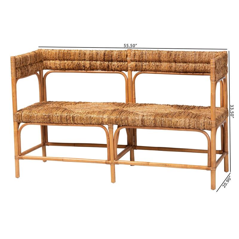 Adisa Natural Rattan Bench - Banquette with Woven Seagrass Seat and Back, Coastal Boho Accent Seating