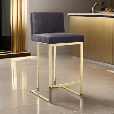 Boly 26 Inch Counter Stool Chair, Cushioned Gray Velvet, Gold Cantilever