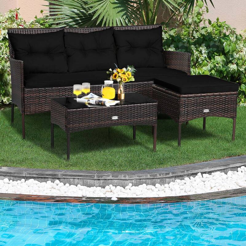 3 PCS Patio Rattan Sofa Set Outdoor Conversation Set w/ Cushions
