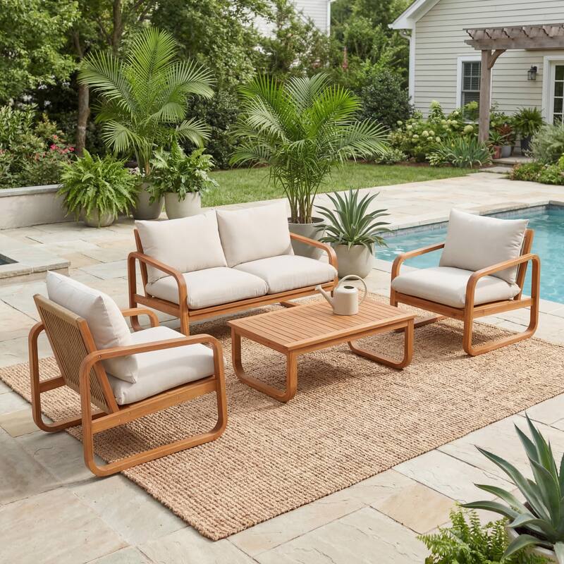 Christopher Knight Home - George 4-Piece Outdoor Acacia Wood Conversation Set with Plush Thick Cushions & Slatted Coffee Table