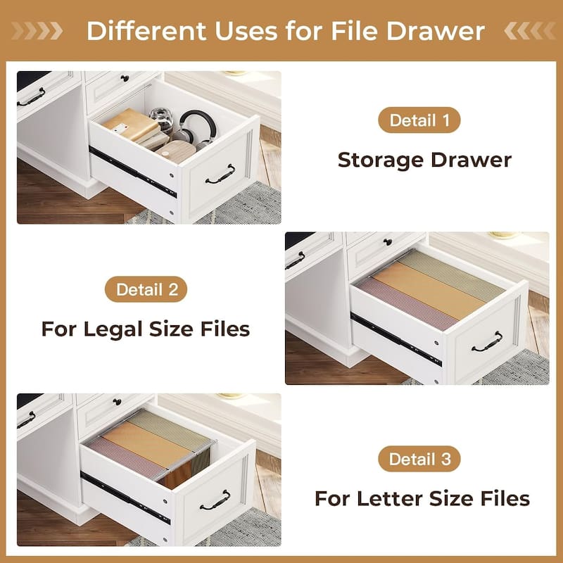 Executive Desk with Drawers Computer Desk with File Drawers Power Outlet LED Lights Storage Cabinet Monitor Shelf