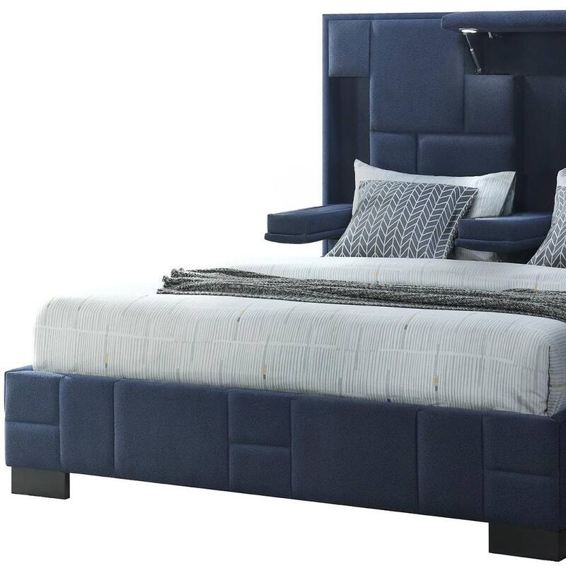 HomeRoots Navy Blue Tufted Upholstered Lighted King Bed Frame