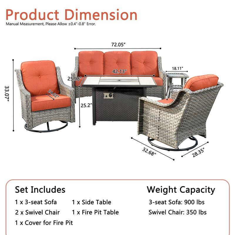 HOOOWOOO 5-piece Wicker Outdoor Furniture Swivel Chairs Set with Fire Pit