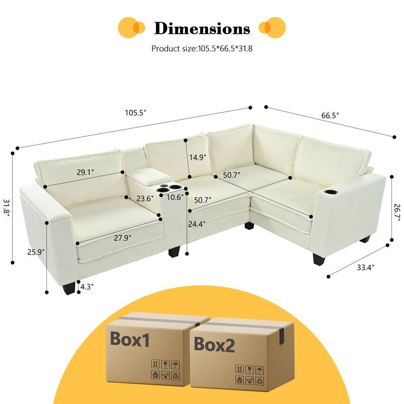 106" L-Shaped 4-Seater Corduroy Sectional - Console Armrests with USB Charging & Reversible Sides