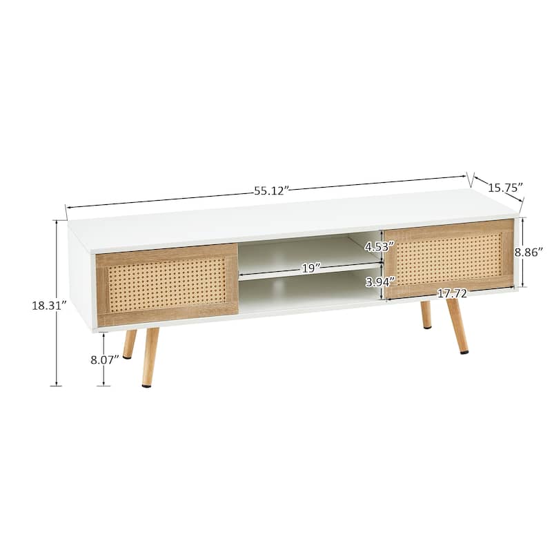 55.12" Rattan TV cabinet, double sliding doors for storage, adjustable shelf, solid wood legs, TV console