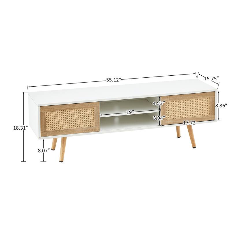 60" Rattan Woven TV Stand - Adjustable Shelves and Sliding Doors, Solid Wood Legs with PVC Feet