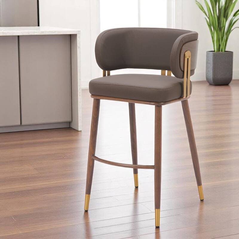 HomeRoots 30" Brown Gold and Walnut Steel and Faux Leather Low Back Bar Height Bar Chair - Bar Height - Brown - Single