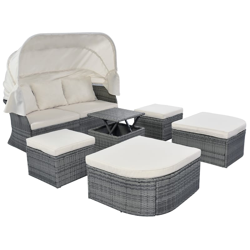 6-Pieces Outdoor Patio Rattan Round Daybed Sunbed Set with Retractable Canopy and Lift Table