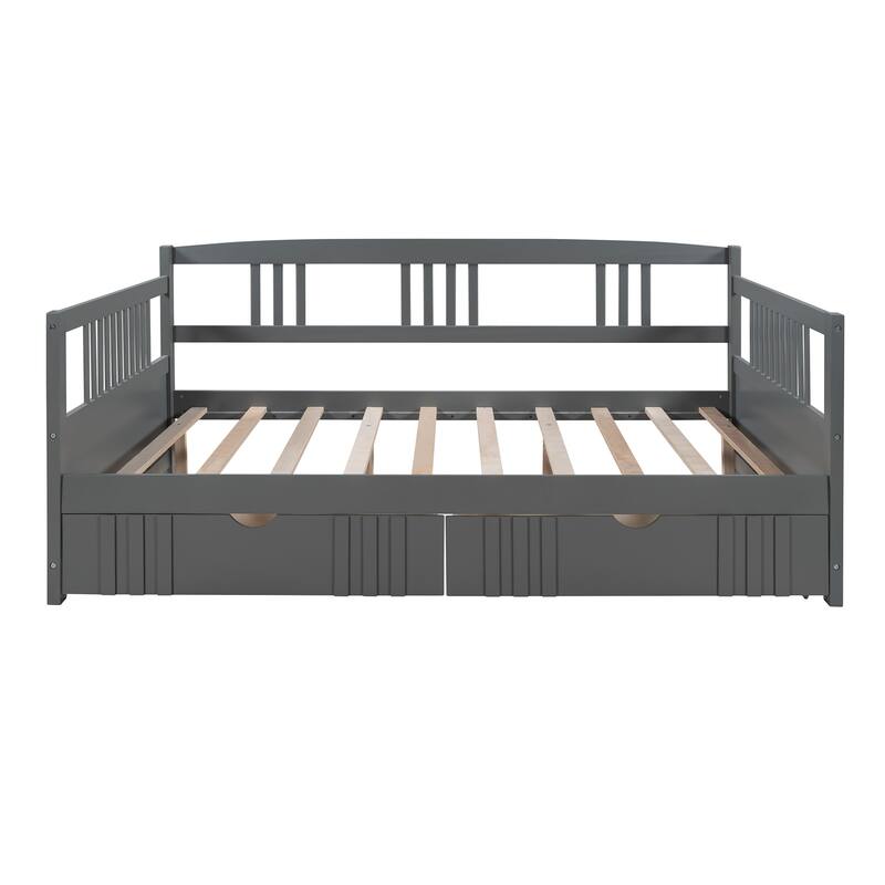 Daybed with Two Drawers, Solid Wood Frame, Guardrails, No Box Spring Needed