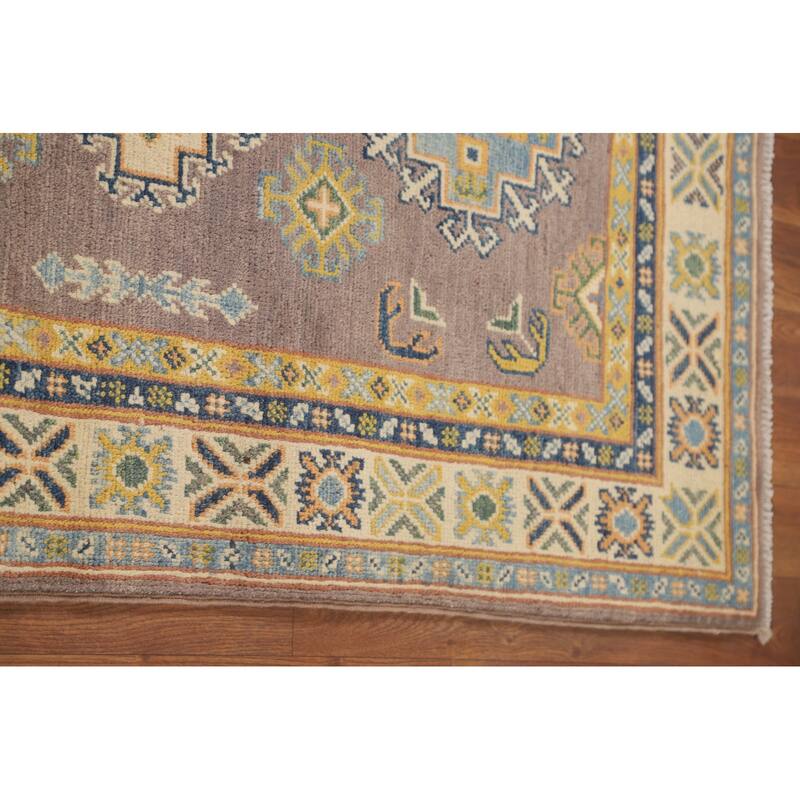 Geometric Brown Kazak Foyer Rug Hand-Knotted Wool Carpet - 2'8" x 4'3"