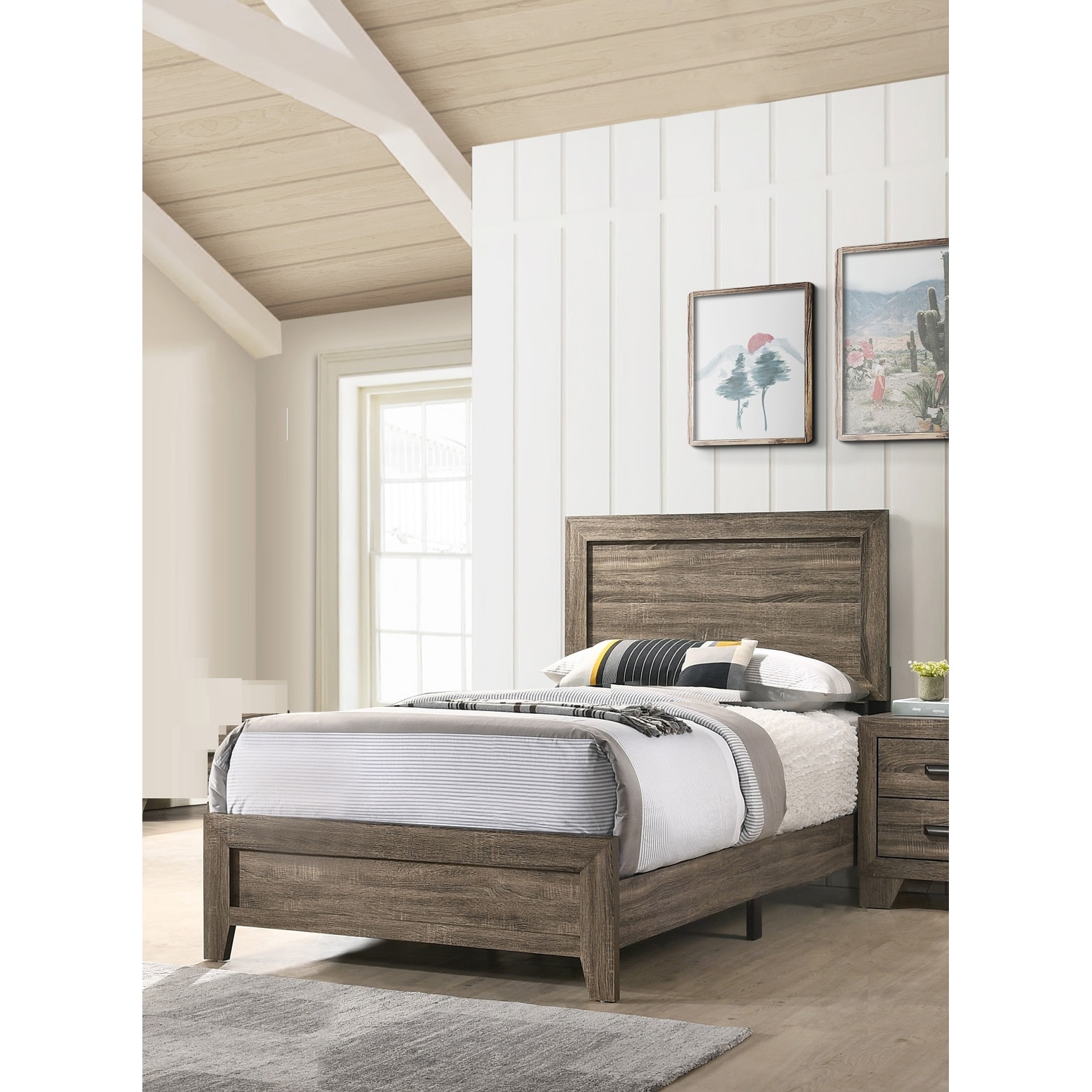 Twin Size Wood Contemporary Panel Bed with Fabric Headboard